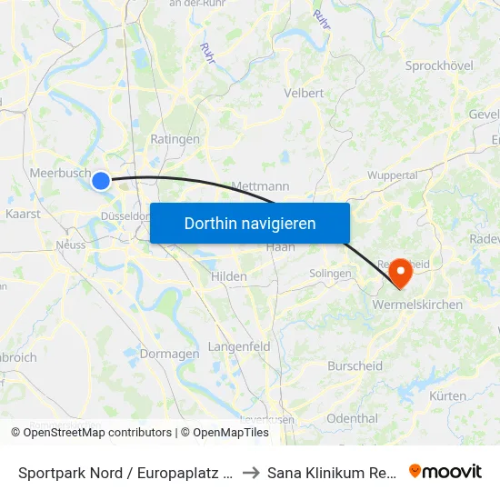 Sportpark Nord / Europaplatz - Düsseldorf to Sana Klinikum Remscheid map