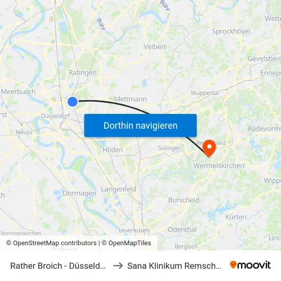 Rather Broich - Düsseldorf to Sana Klinikum Remscheid map