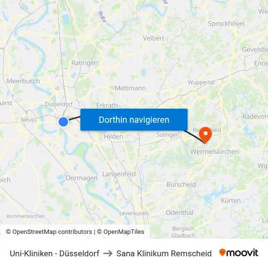 Uni-Kliniken - Düsseldorf to Sana Klinikum Remscheid map