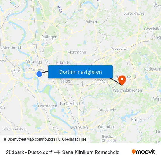 Südpark - Düsseldorf to Sana Klinikum Remscheid map