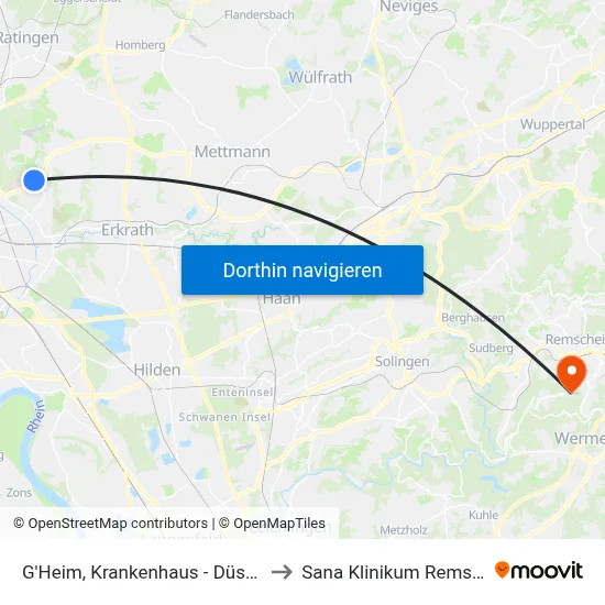 G'Heim, Krankenhaus - Düsseldorf to Sana Klinikum Remscheid map