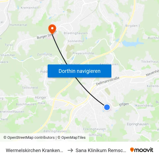 Wermelskirchen Krankenhaus to Sana Klinikum Remscheid map