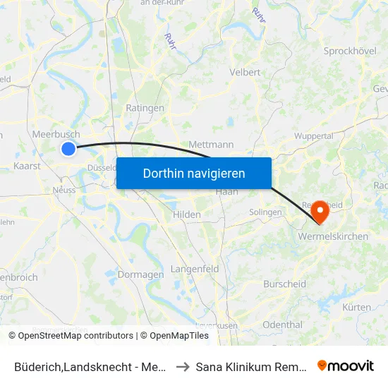 Büderich,Landsknecht - Meerbusch to Sana Klinikum Remscheid map