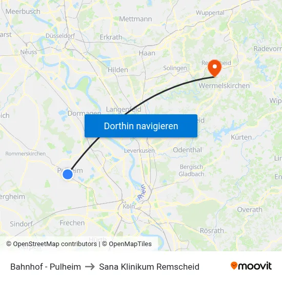 Bahnhof - Pulheim to Sana Klinikum Remscheid map