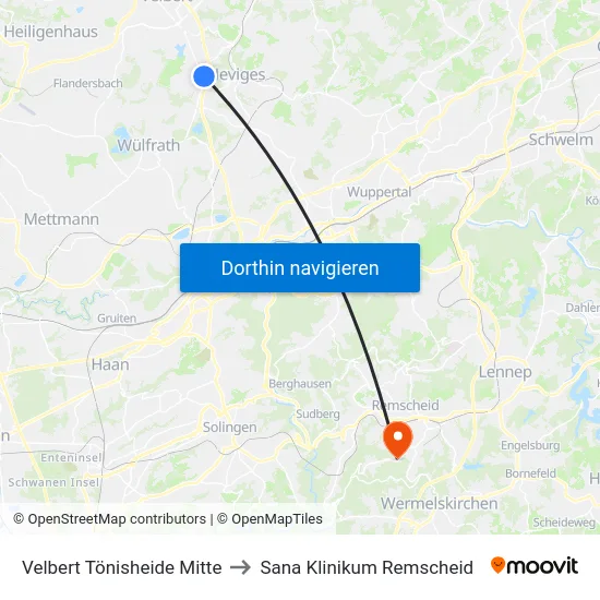 Velbert Tönisheide Mitte to Sana Klinikum Remscheid map
