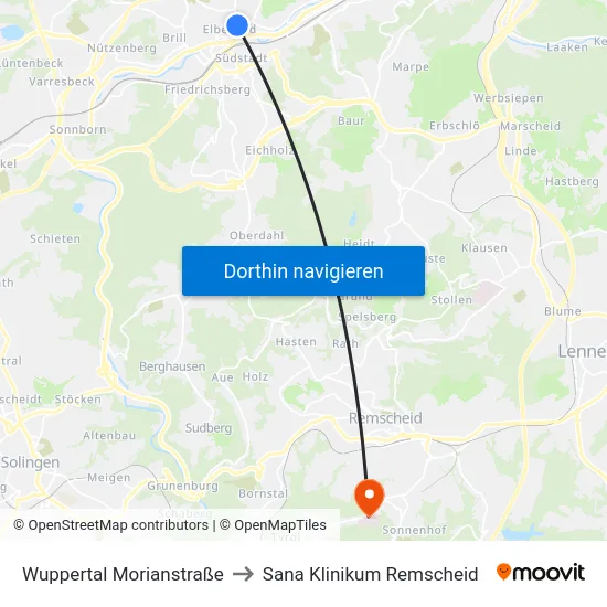 Wuppertal Morianstraße to Sana Klinikum Remscheid map