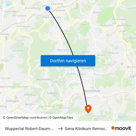 Wuppertal Robert-Daum-Platz to Sana Klinikum Remscheid map