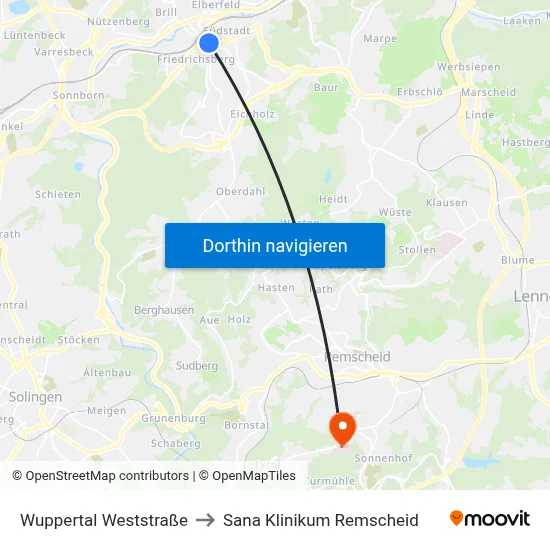 Wuppertal Weststraße to Sana Klinikum Remscheid map