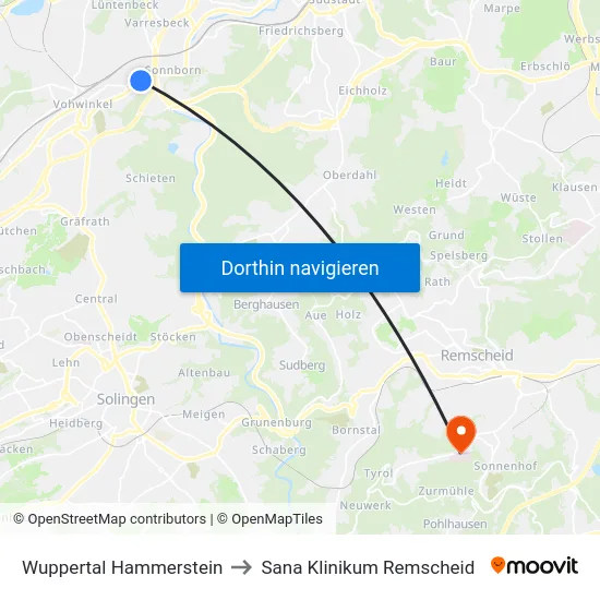 Wuppertal Hammerstein to Sana Klinikum Remscheid map
