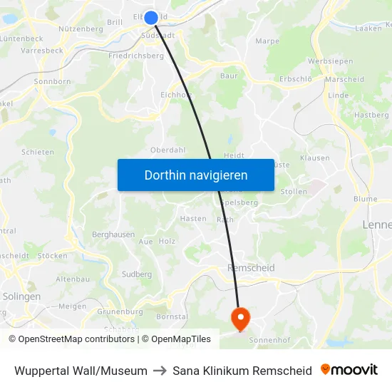 Wuppertal Wall/Museum to Sana Klinikum Remscheid map