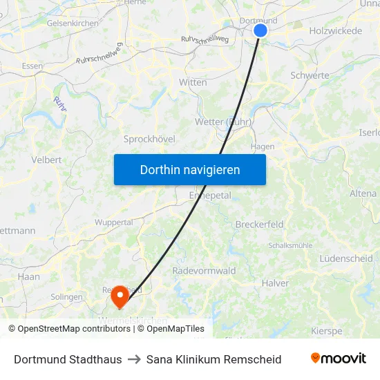 Dortmund Stadthaus to Sana Klinikum Remscheid map