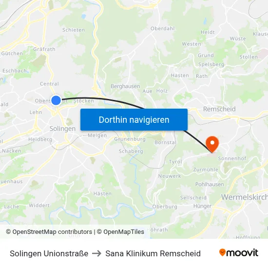 Solingen Unionstraße to Sana Klinikum Remscheid map
