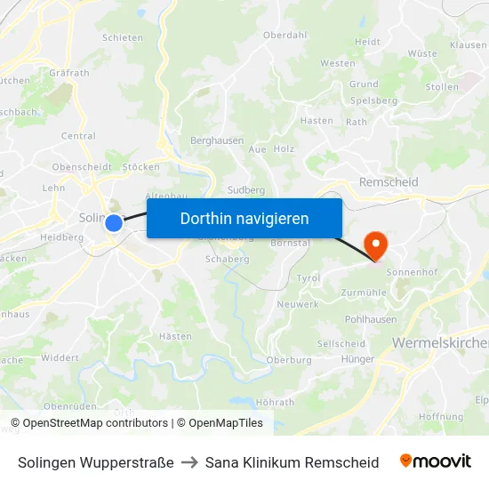 Solingen Wupperstraße to Sana Klinikum Remscheid map