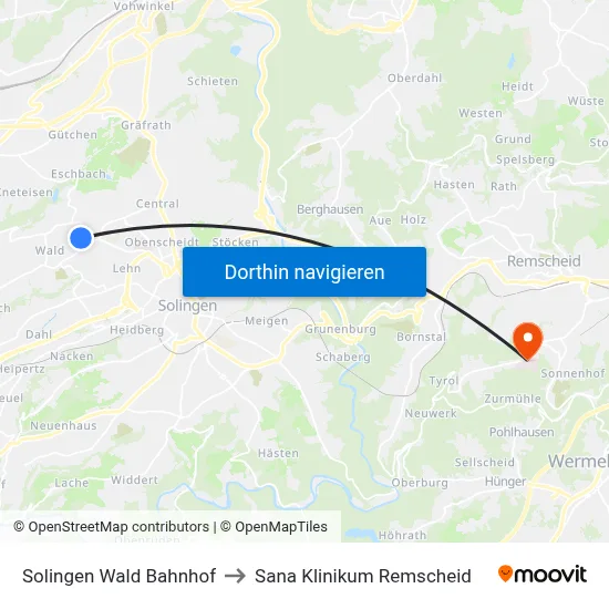 Solingen Wald Bahnhof to Sana Klinikum Remscheid map