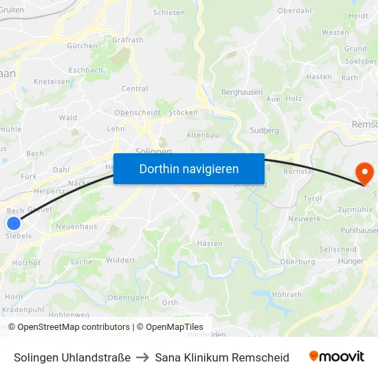 Solingen Uhlandstraße to Sana Klinikum Remscheid map