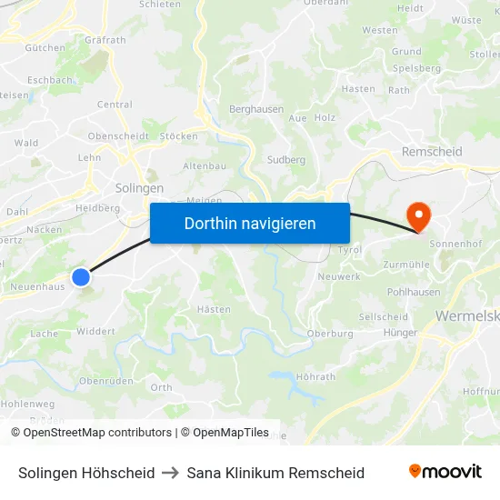 Solingen Höhscheid to Sana Klinikum Remscheid map