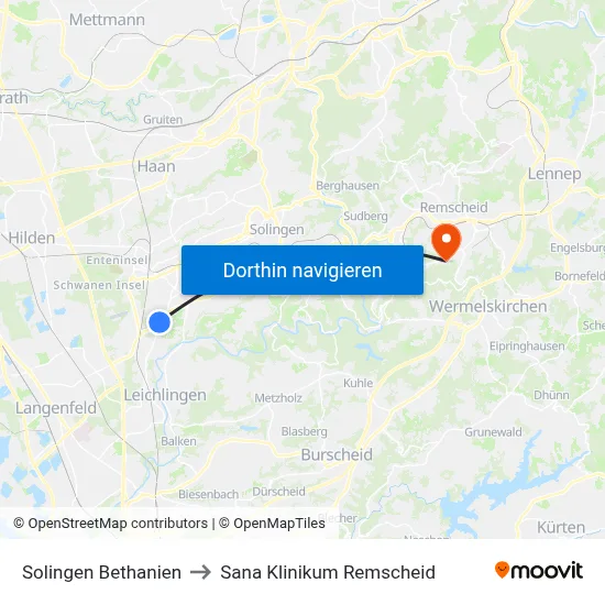Solingen Bethanien to Sana Klinikum Remscheid map