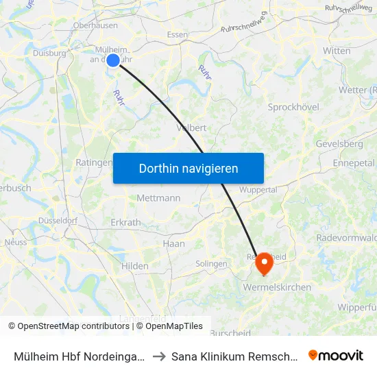 Mülheim Hbf Nordeingang to Sana Klinikum Remscheid map
