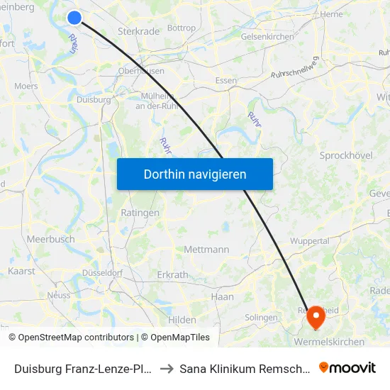 Duisburg Franz-Lenze-Platz to Sana Klinikum Remscheid map