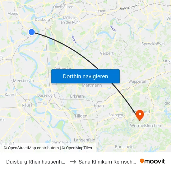 Duisburg Rheinhausenhalle to Sana Klinikum Remscheid map