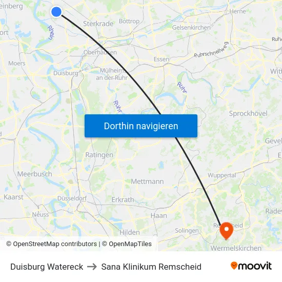 Duisburg Watereck to Sana Klinikum Remscheid map