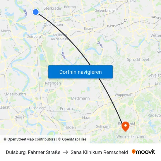 Duisburg, Fahrner Straße to Sana Klinikum Remscheid map