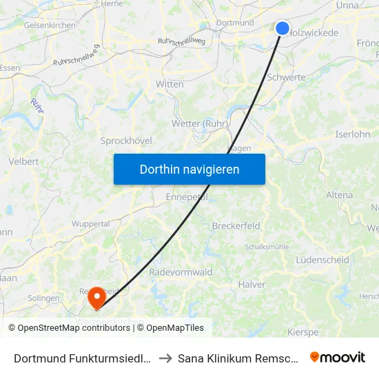 Dortmund Funkturmsiedlung to Sana Klinikum Remscheid map