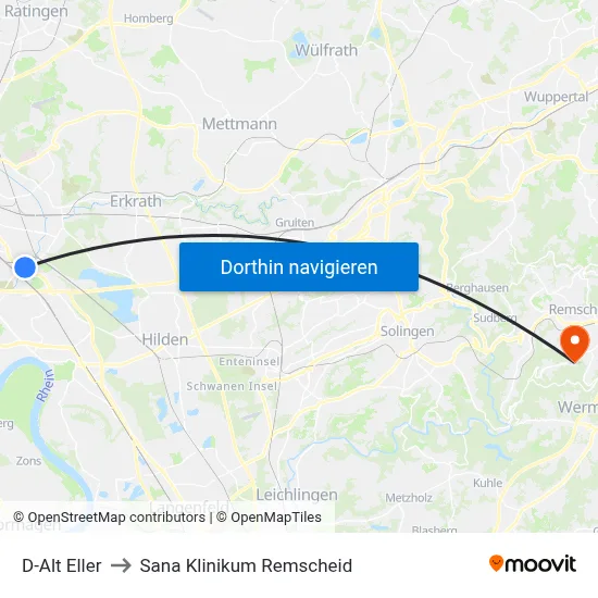 D-Alt Eller to Sana Klinikum Remscheid map