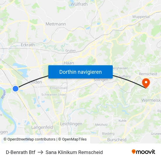 D-Benrath Btf to Sana Klinikum Remscheid map