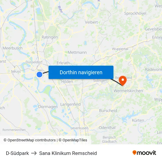 D-Südpark to Sana Klinikum Remscheid map