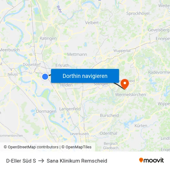 D-Eller Süd S to Sana Klinikum Remscheid map