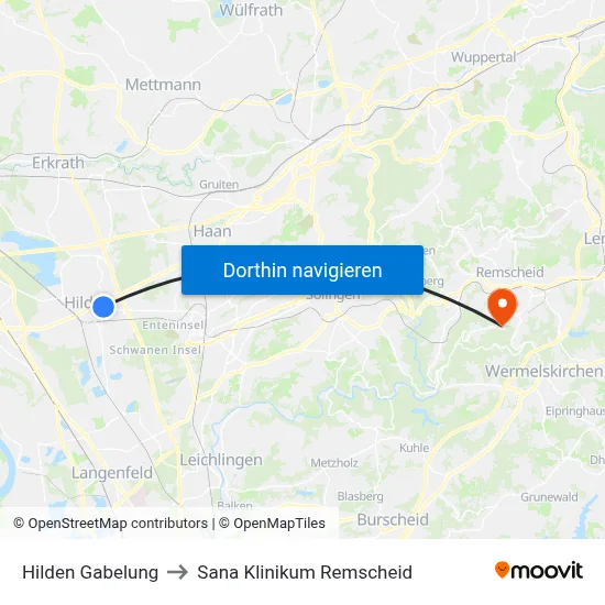 Hilden Gabelung to Sana Klinikum Remscheid map