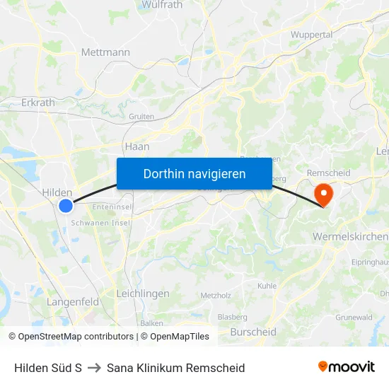 Hilden Süd S to Sana Klinikum Remscheid map