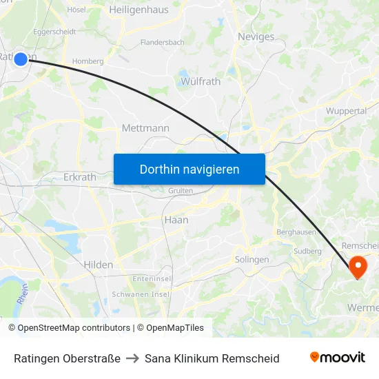 Ratingen Oberstraße to Sana Klinikum Remscheid map