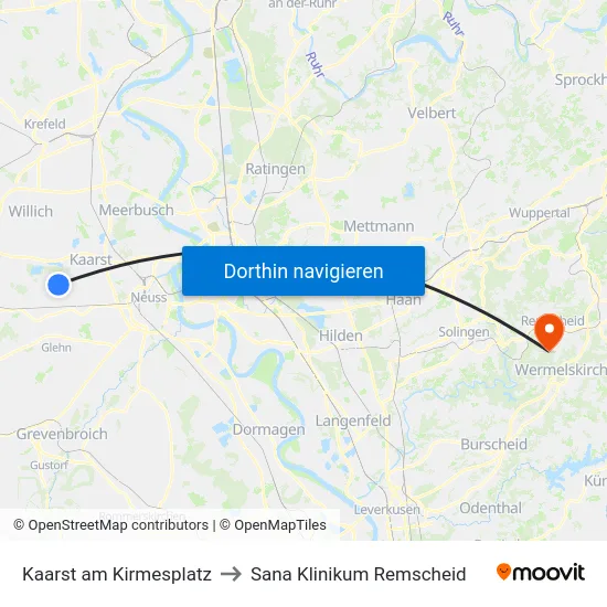 Kaarst am Kirmesplatz to Sana Klinikum Remscheid map