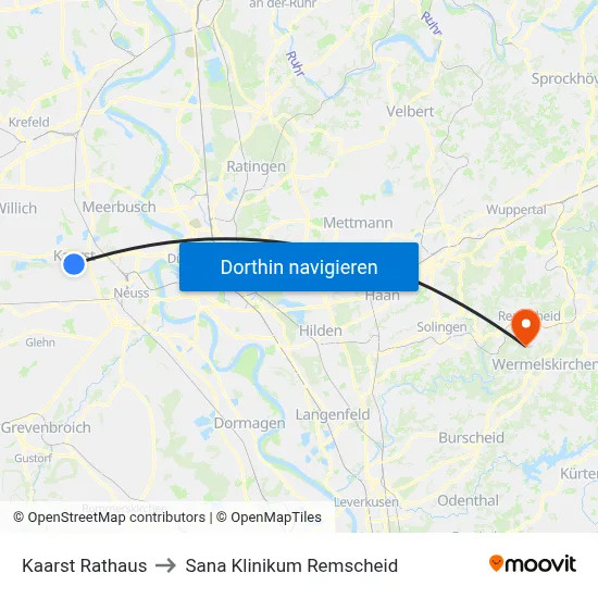 Kaarst Rathaus to Sana Klinikum Remscheid map