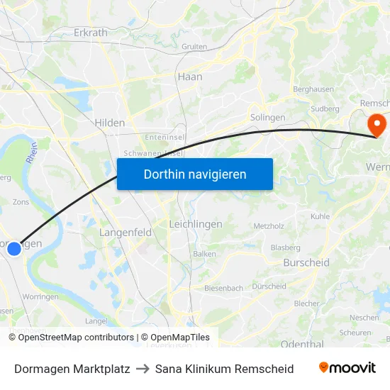 Dormagen Marktplatz to Sana Klinikum Remscheid map