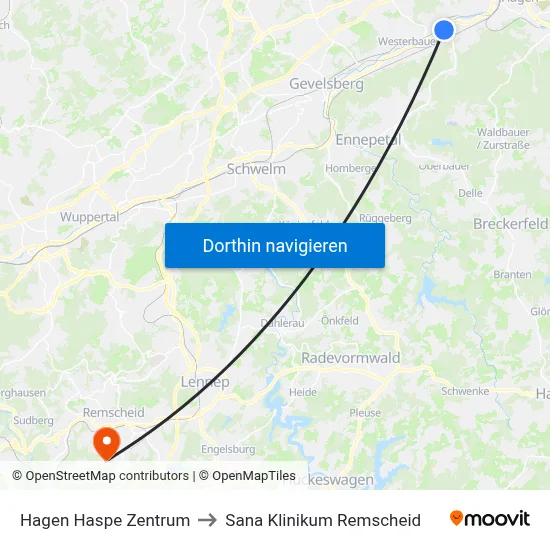 Hagen Haspe Zentrum to Sana Klinikum Remscheid map