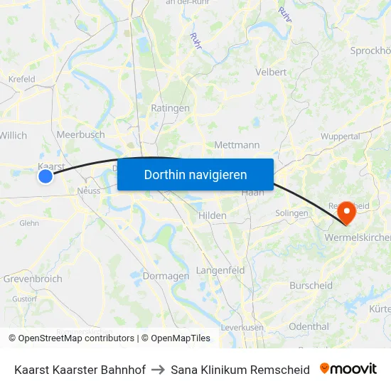Kaarst Kaarster Bahnhof to Sana Klinikum Remscheid map