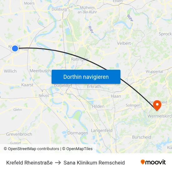 Krefeld Rheinstraße to Sana Klinikum Remscheid map