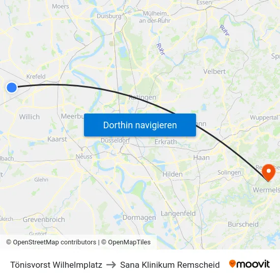 Tönisvorst Wilhelmplatz to Sana Klinikum Remscheid map