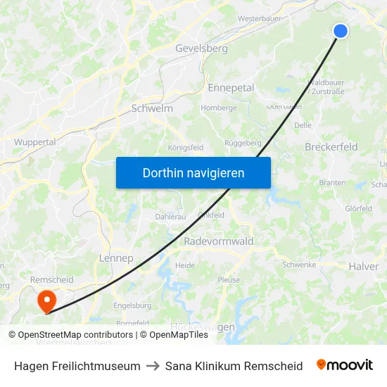 Hagen Freilichtmuseum to Sana Klinikum Remscheid map