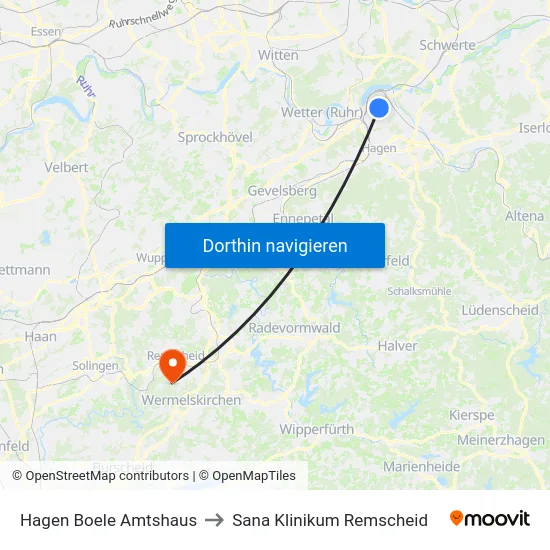 Hagen Boele Amtshaus to Sana Klinikum Remscheid map