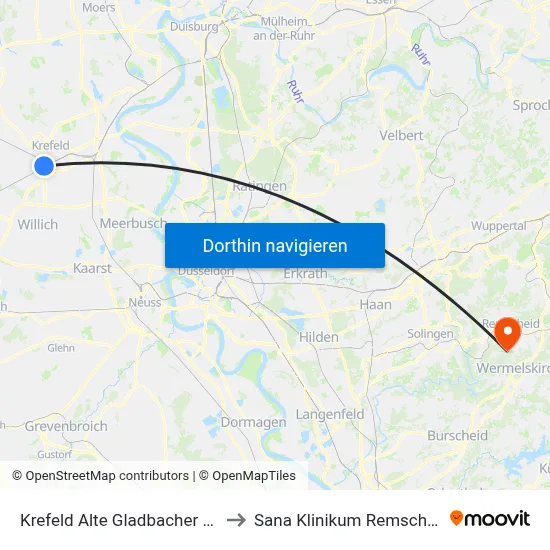 Krefeld Alte Gladbacher Str. to Sana Klinikum Remscheid map