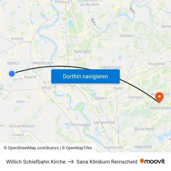 Willich Schiefbahn Kirche to Sana Klinikum Remscheid map