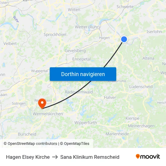 Hagen Elsey Kirche to Sana Klinikum Remscheid map