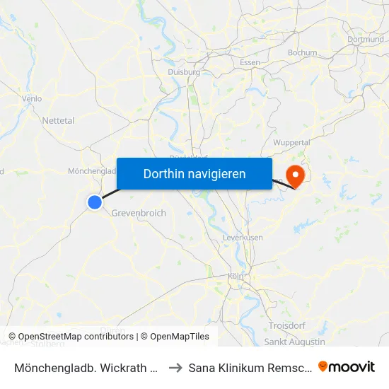 Mönchengladb. Wickrath Markt to Sana Klinikum Remscheid map
