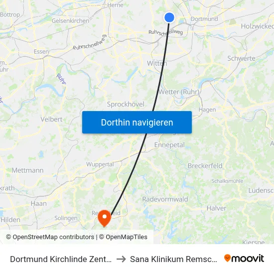 Dortmund Kirchlinde Zentrum to Sana Klinikum Remscheid map