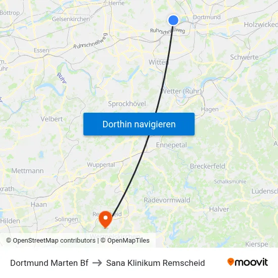 Dortmund Marten Bf to Sana Klinikum Remscheid map