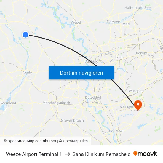 Weeze Airport Terminal 1 to Sana Klinikum Remscheid map